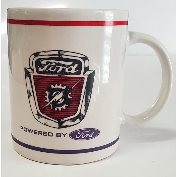 Ford Motor Coffee Mug Retro White/Red Stripe w/ Black Ford Emblem & Logos - Picture 3 of 9